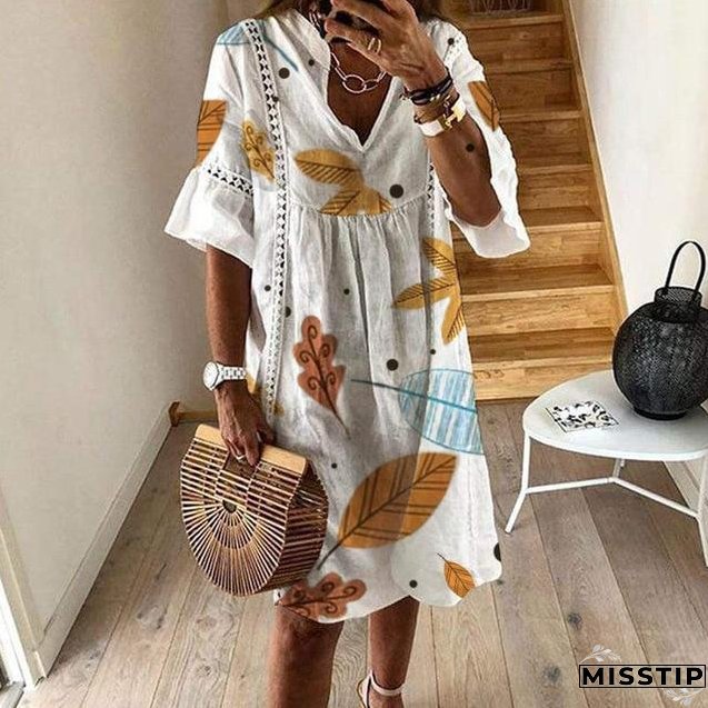 Women Sexy Hollow Out V-neck Mini Dress Floral Print Patchwork Dress Casual Beach Dress