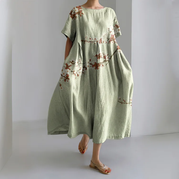 Japanese Art Flower Print Loose Midi Dress