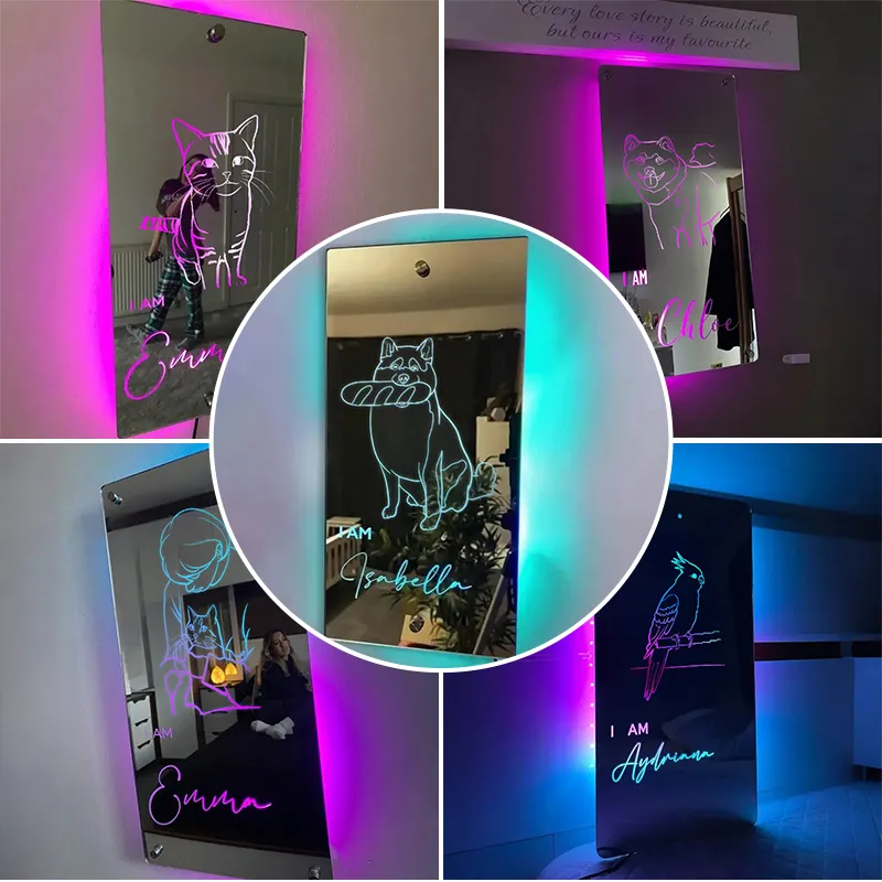 Loveyoufancy Personalized Mirror Lights Custom Line Drawing Box Name Christmas Gift For Pets