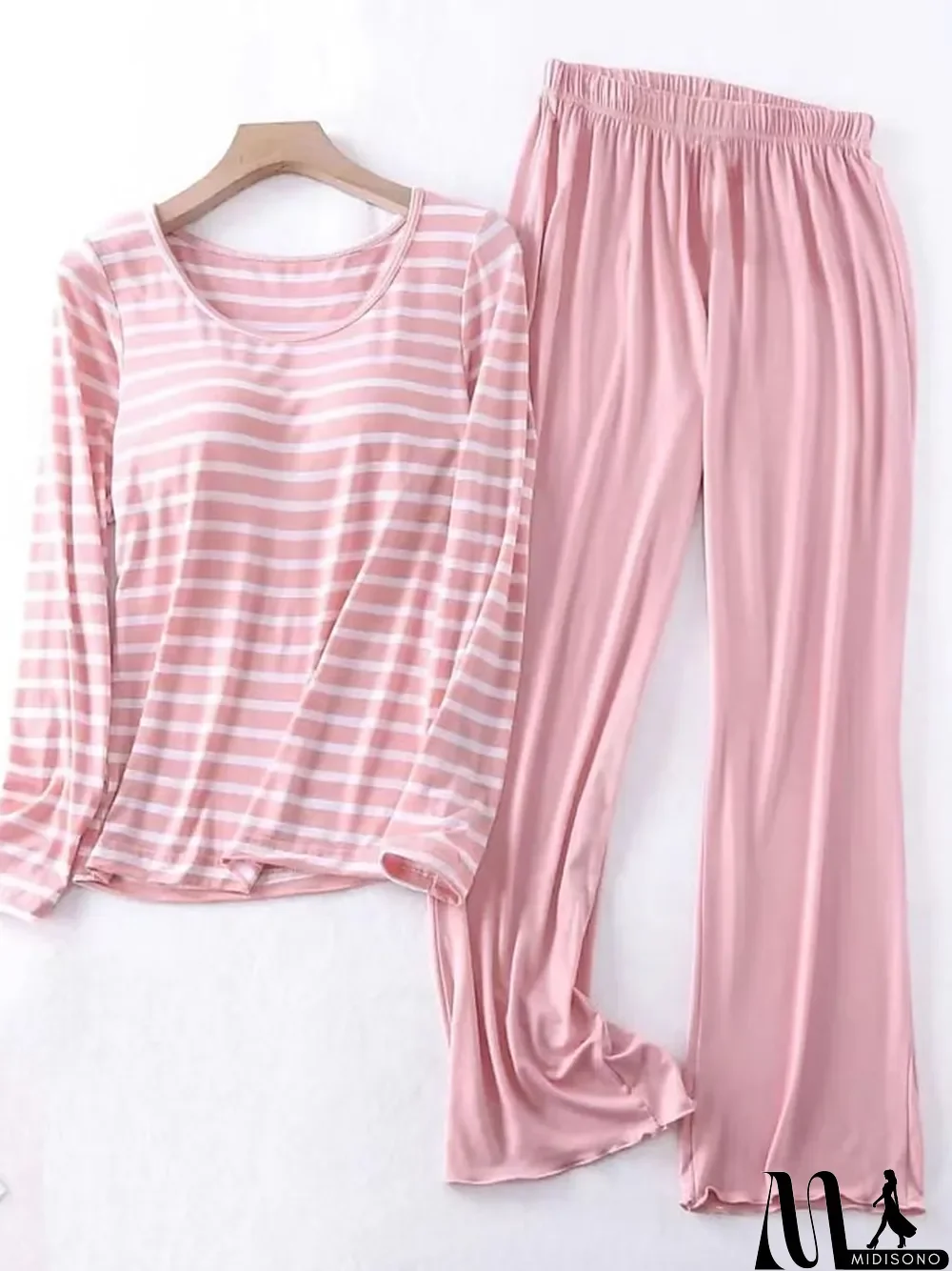 MidiSono - Women's Loungewear Sets 2 Pieces Stripe Fashion Casual Comfort Street Daily Date Polyester Breathable Crew Neck Long Sleeve Pant Summer Spring Black Pink