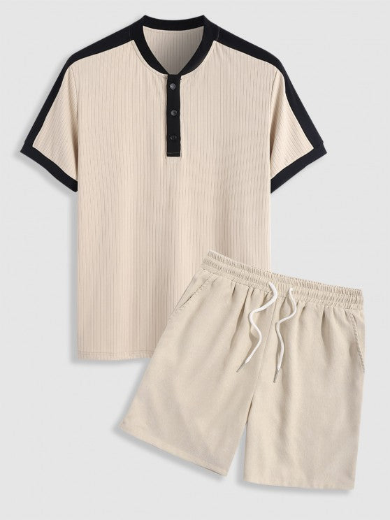 Ribbed Spliced Quarter Button Front T Shirt And Shorts