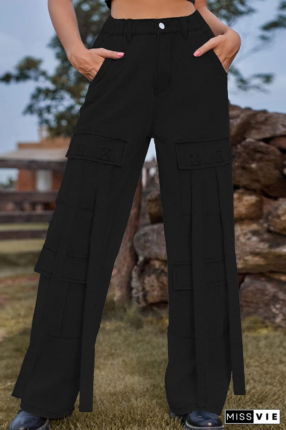 Street Solid Pocket Loose Denim Jeans