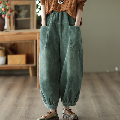 Vintage Striped Corduroy Elastic-Waist Pants