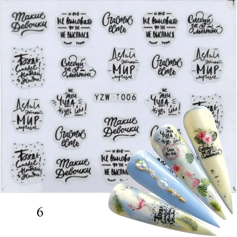 1 Sheet 3D Stickers For Nails Black Letter Leaf Flower Patterns Slider Nail Art Manicure Adhesive Tips Decals DIY Decorations-Nail Inspo