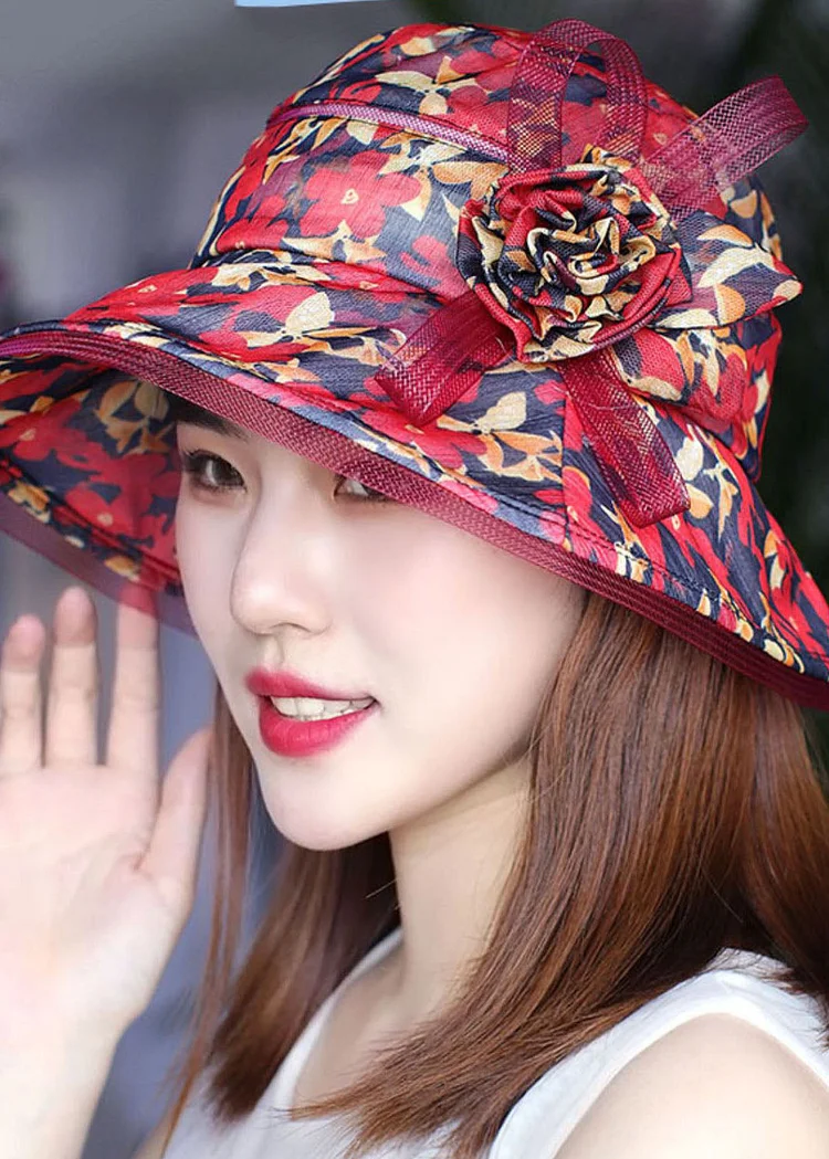 Stylish Red Floral Print Bow Floppy Sun Hat