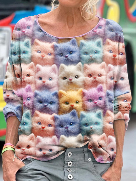 Comstylish Women's Felted Colorful Cats Pattern Long Sleeve T-shirt