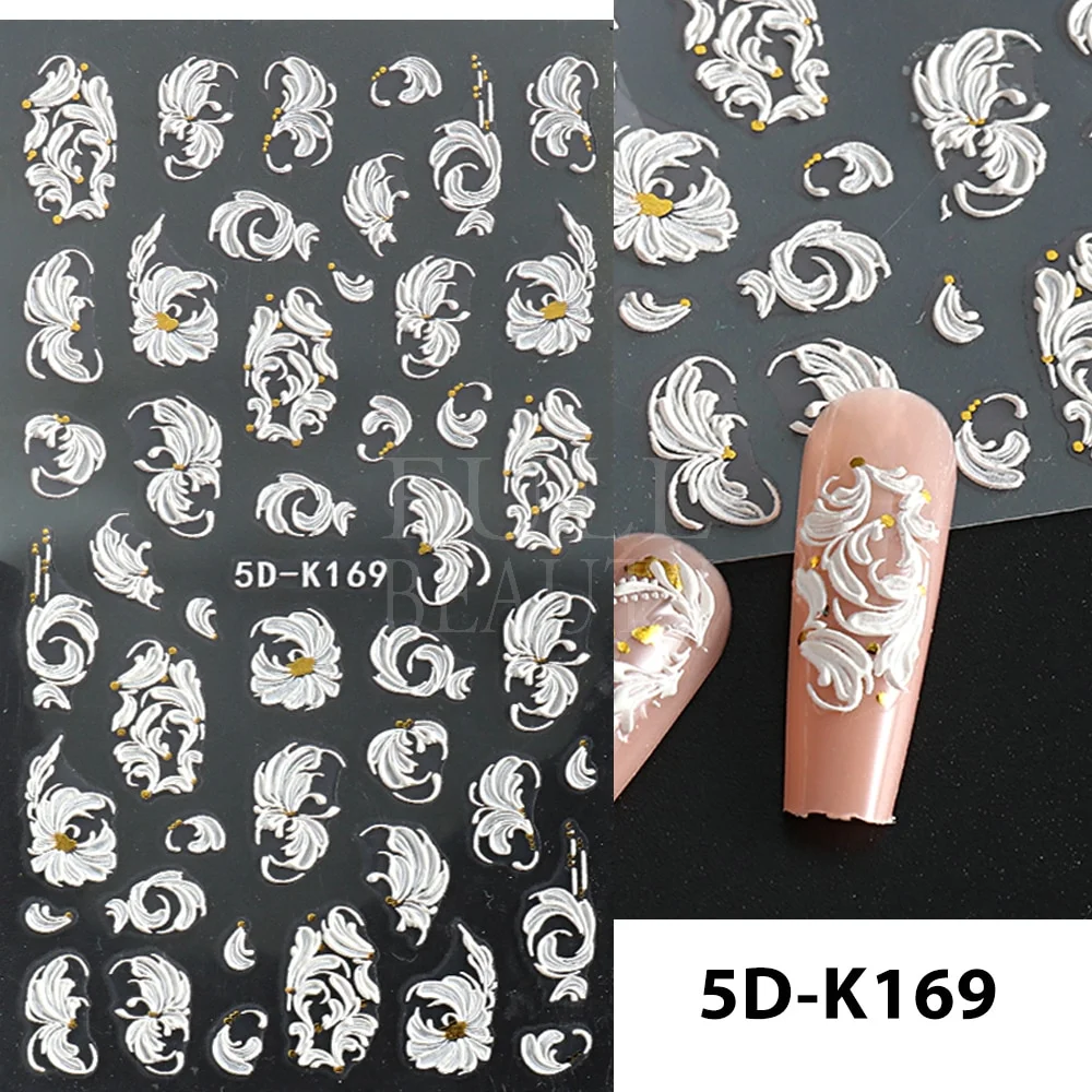 Churchf Nail Stickers Flowers Geometric Lines Decor Acrylic Embossed Sliders Gold Frame Nail Decals Cherry Blossom Manicure GLJI-5D05-Nail Inspo