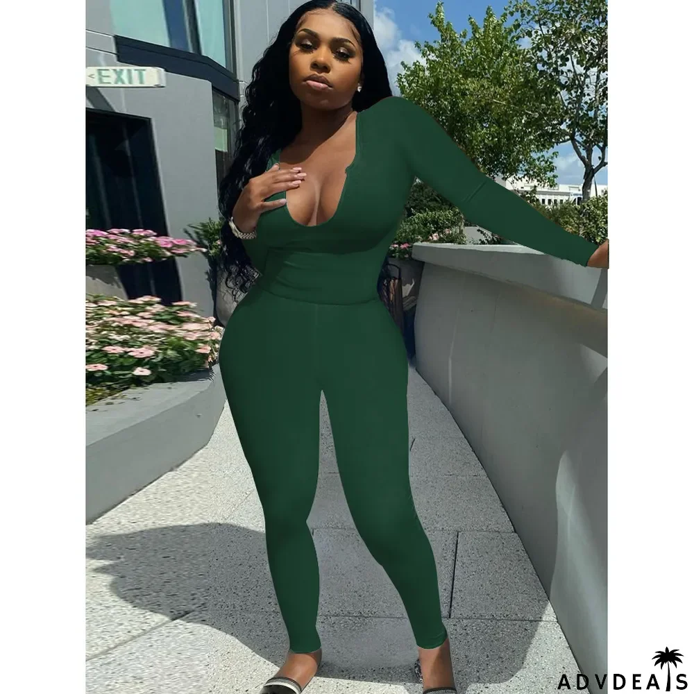 Solid Long Sleeve Stretchy Slim Two Piece Pants Set