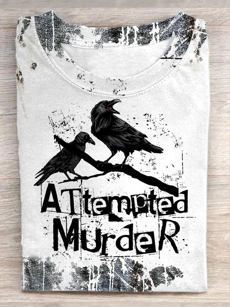 Unisex Raven Art Illustration Printed Casual Short-Sleeved T-Shirt