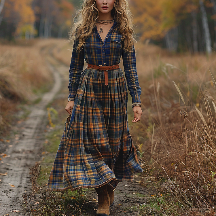 Retro V-neck Plaid Women's Long-sleeved Long Skirt Country Pastoral Retro Dress