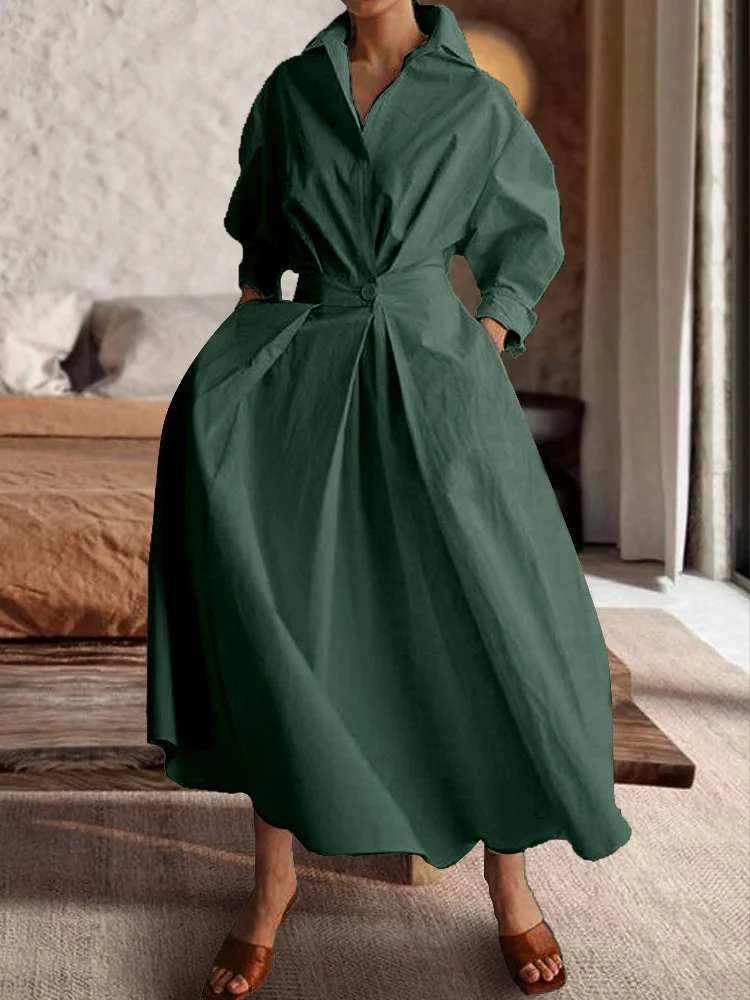 【Plus Size】Solid Color Retro Lapel Elastic Waist Shirt Long Sleeve Swing Dress