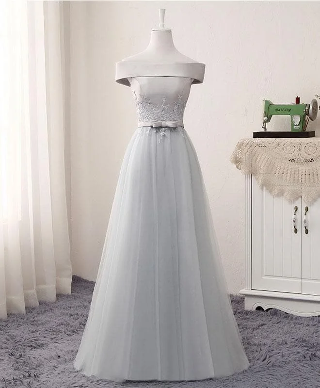 Gray A Line Lace Tulle Long Prom Dress, Lace Evening Dress