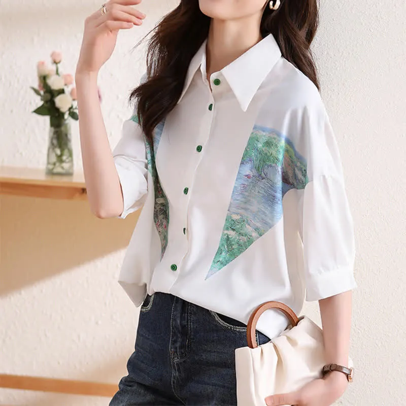 Chic Painting Print Chiffon Lapel Shirt Workwear
