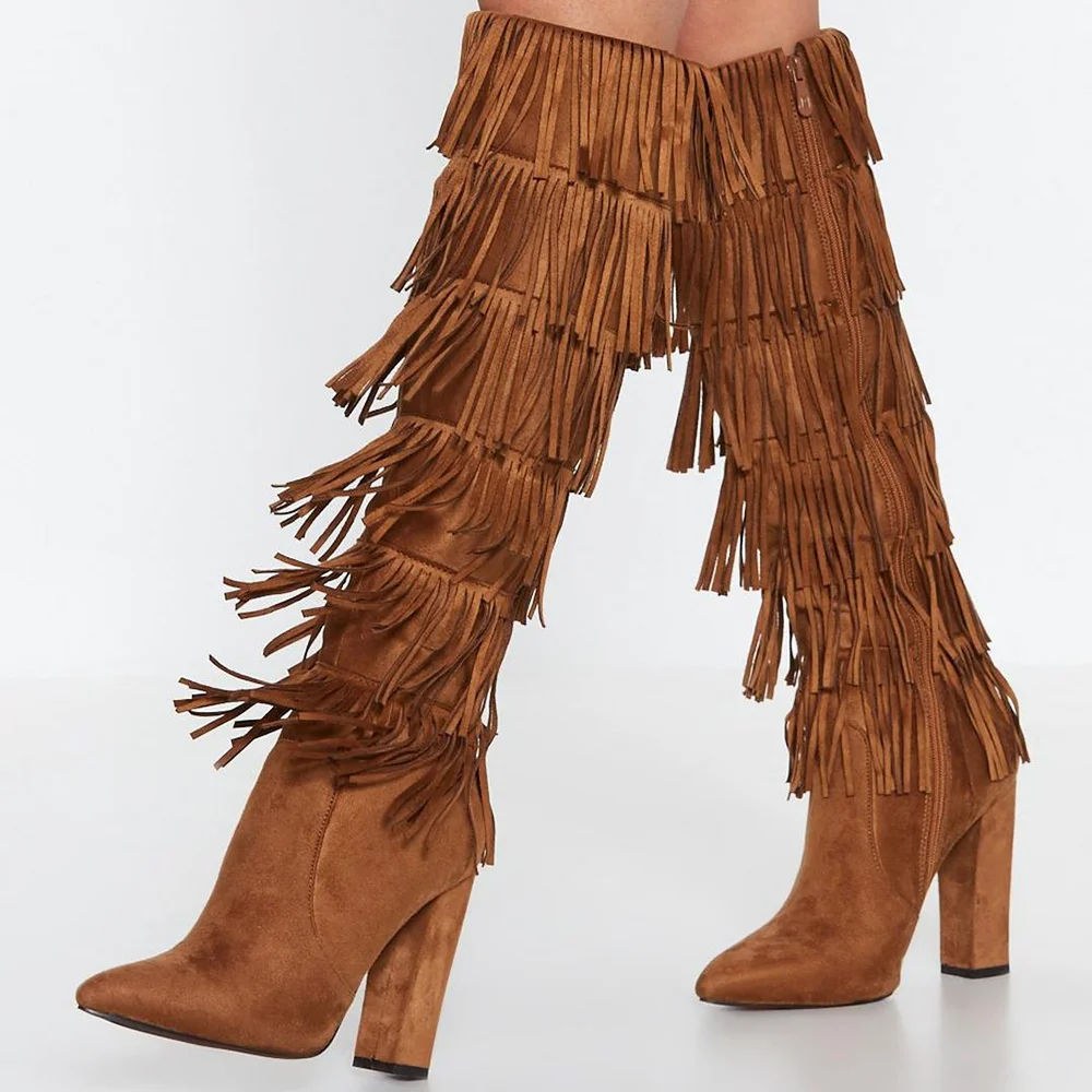 Brown Suede Closed Pointed Toe Knee High Fringe Winter Boots With Chunky Heels Nicepairs