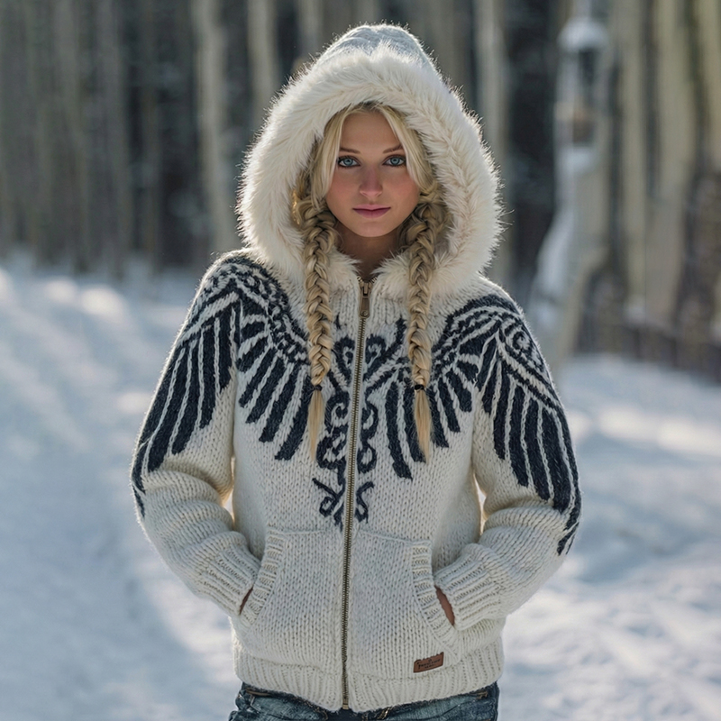 Women's Vintage Viking Wing Celtic Art Knit Warm Zip Up Hooded Sweater elevenforest