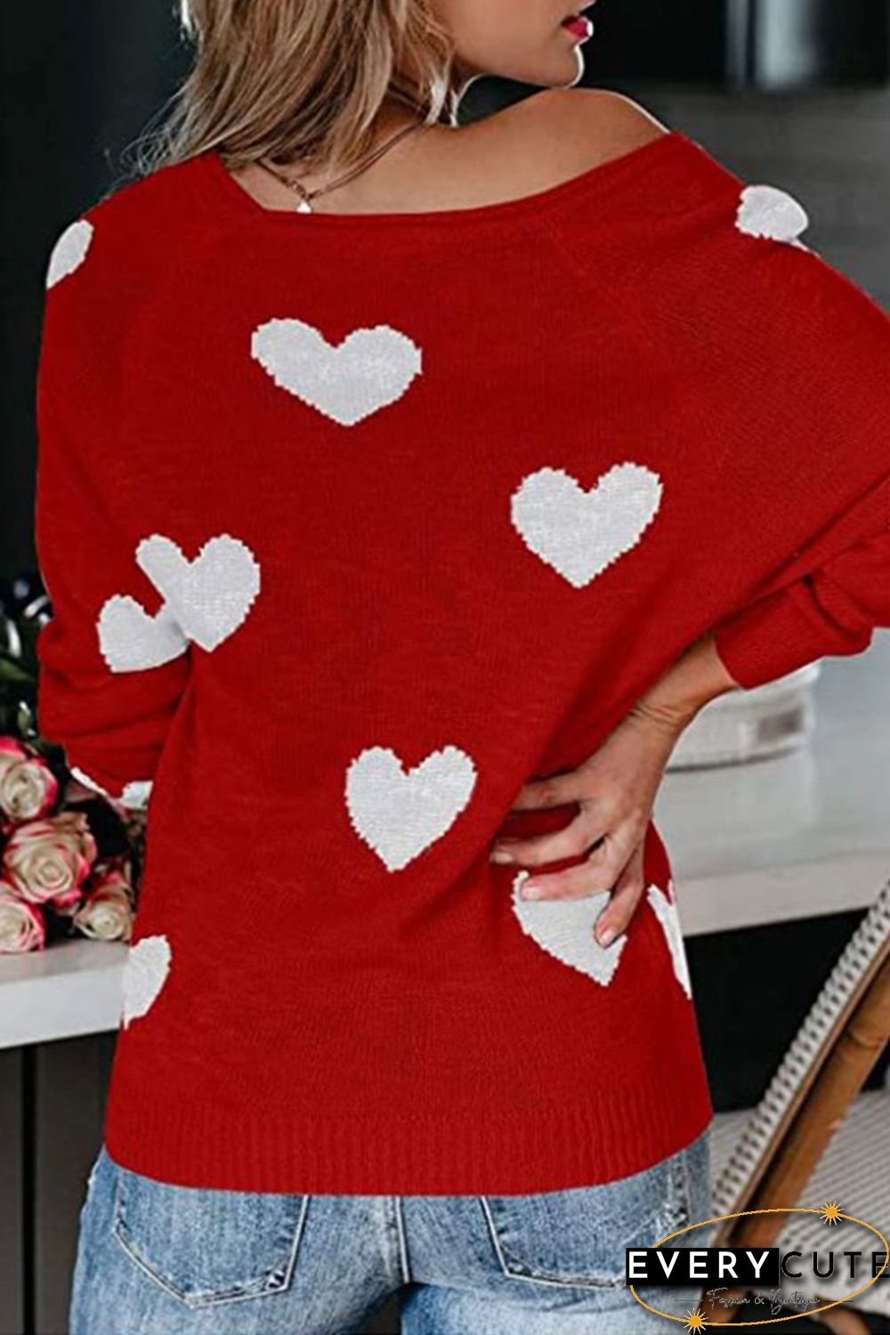 Red Heart Pattern V Neck Knit Sweater