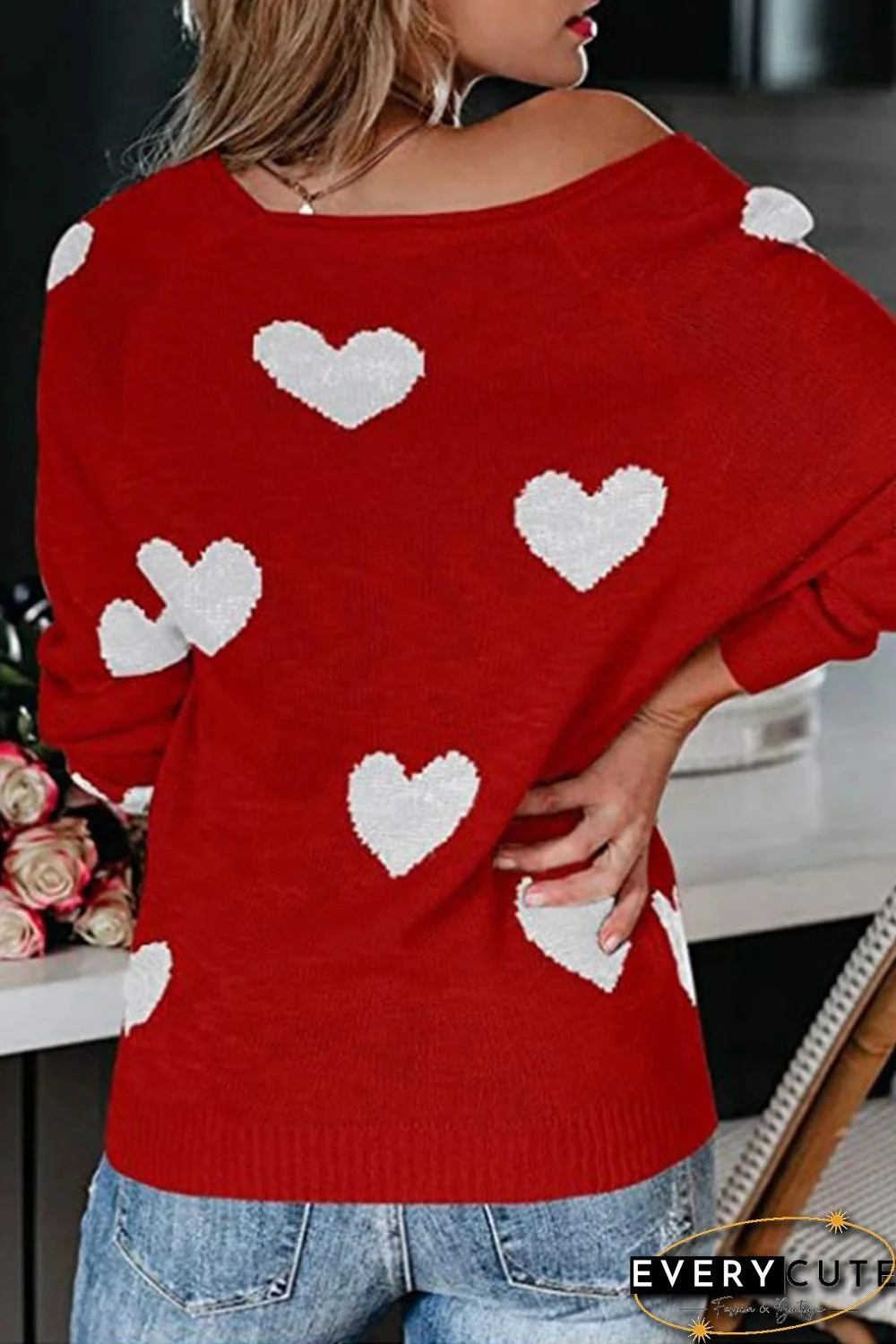 Red Heart Pattern V Neck Knit Sweater
