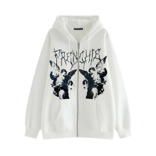 Women Two Piece Sets Angel Dark Print Harajuku Fleece Warm Hoodies High Waisted Pants Autumn Winter Y2k Goth Tracksuit Suit