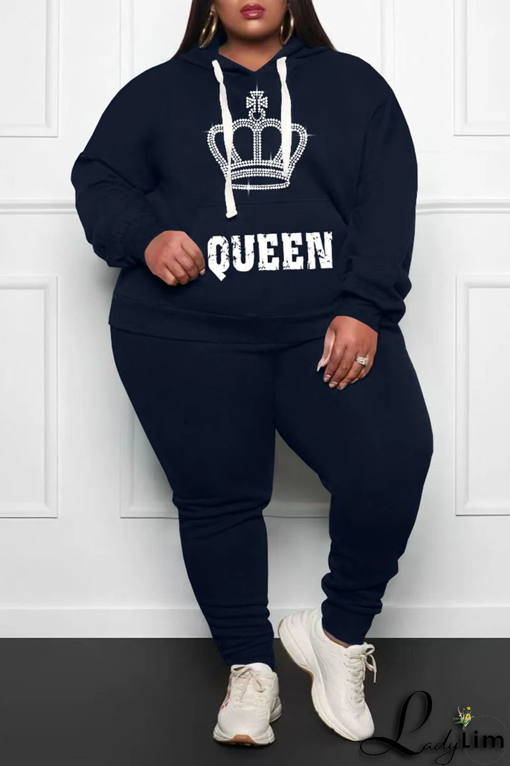 Pink Casual Print Patchwork Hooded Collar Plus Size Two Pieces