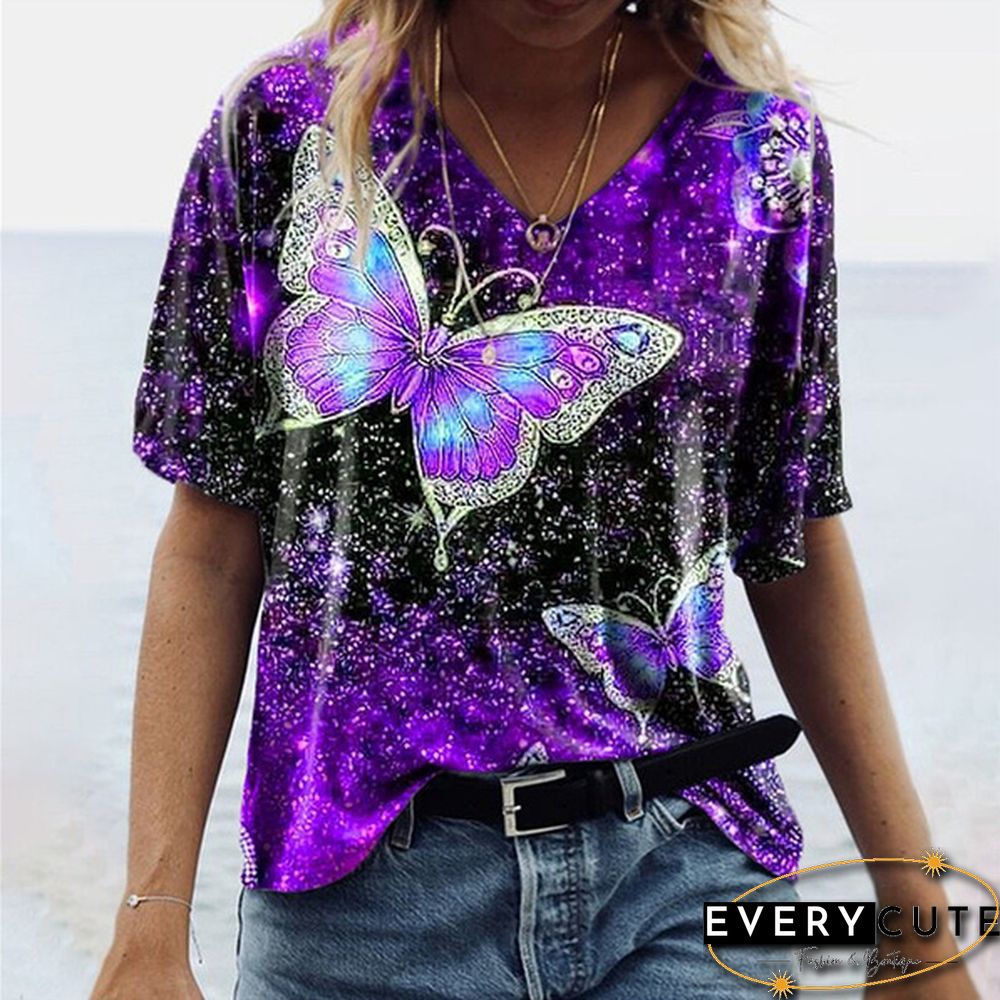 Women's Fashion Spring and Autumn New Five-point Sleeve Butterfly Print Tops
