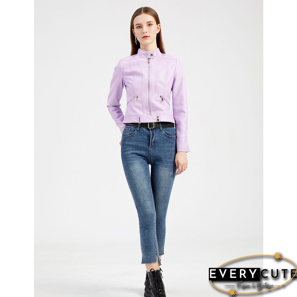 Light Purple PU Stand Collar Short Leather Jacket