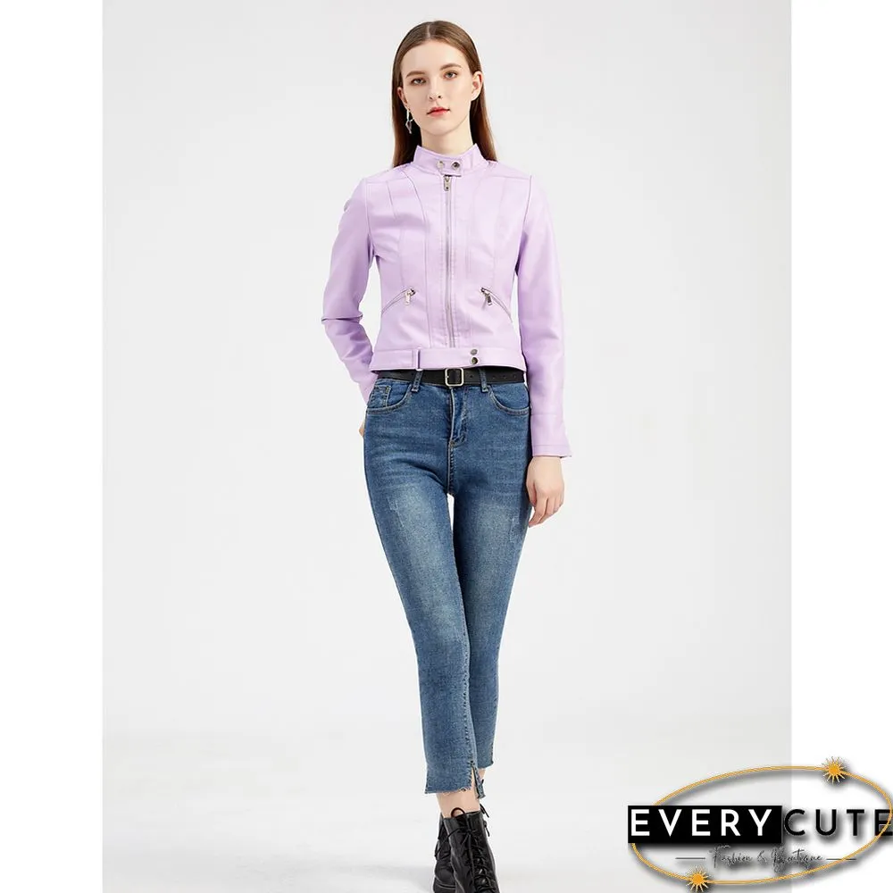 Light Purple PU Stand Collar Short Leather Jacket