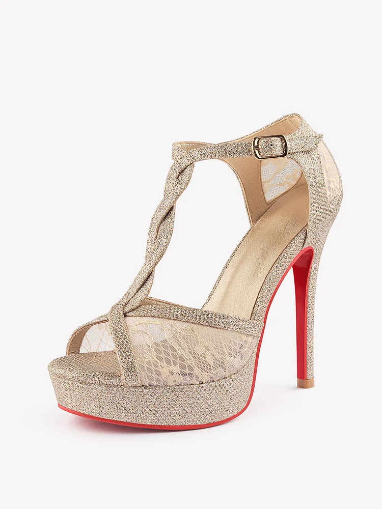 120mm Women's Open Toe Platform Ankle Strap High Heel Glitter Sandals Red Bottom Shoes