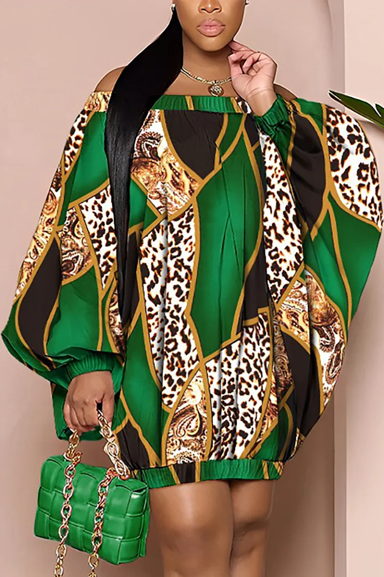 Plus Size Green Casual Baroque Leopard Print Off Shoulder Mini Dresses [Pre-Order]