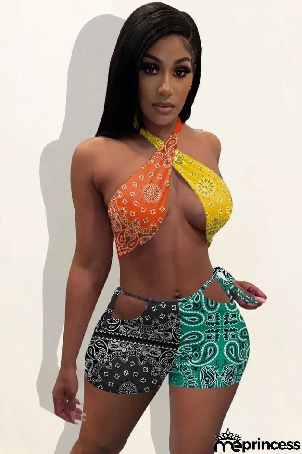 Summer Print Retro Twist Crop Top and Shorts Matching Party Set