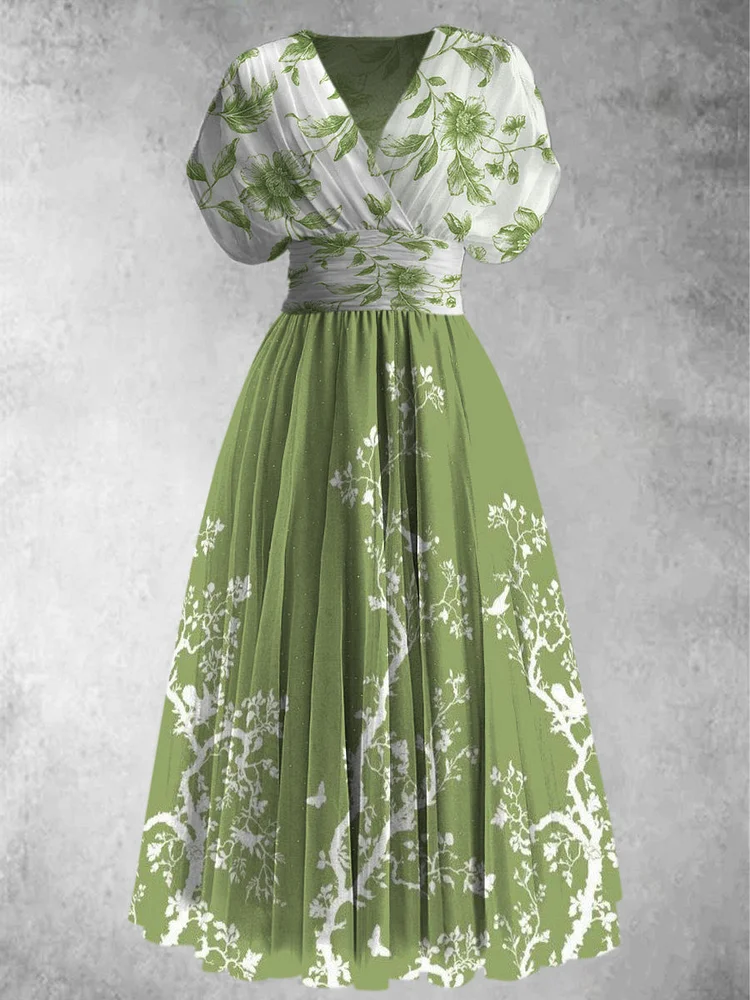 Retro Boho Floral Art Printed Elegant V-Neck Vintage Chic Short Sleeve Maxi Dress
