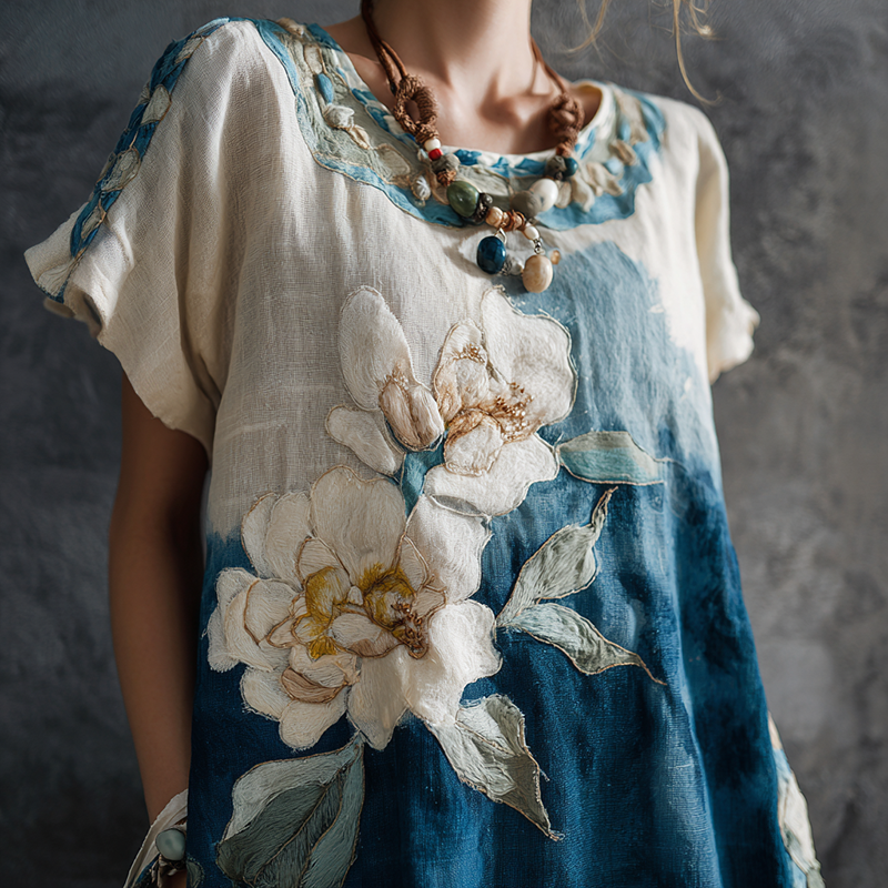 Women's Vintage Floral Oil Painting Art Gradient Cotton And Linen T-shirt