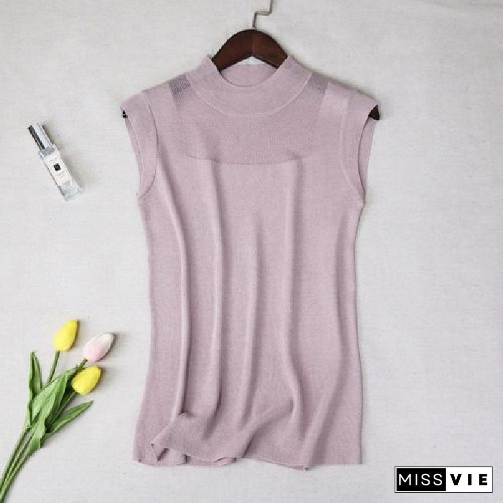 Hollow Out Sleeveless Women Knitted T Shirts Turtleneck Black Lace Sexy Lady Vest T Shirts Pink Loose Summer Thin Knit Tops