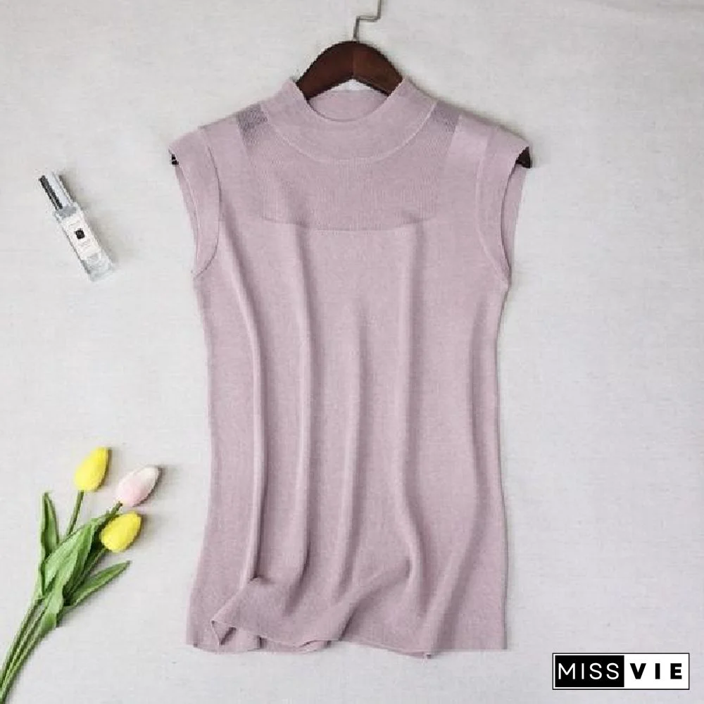 Hollow Out Sleeveless Women Knitted T Shirts Turtleneck Black Lace Sexy Lady Vest T Shirts Pink Loose Summer Thin Knit Tops