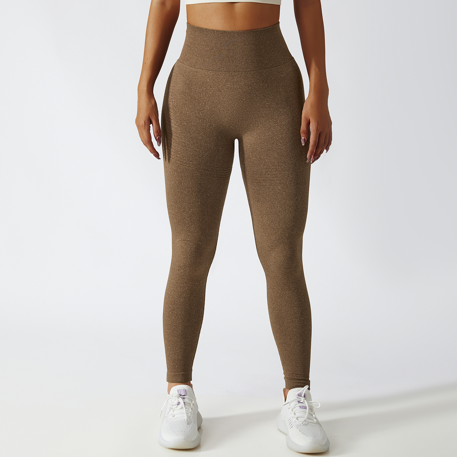 Shop Brown high waist bubble butt tummy control seamless yoga textured leggings online on Hergymclothing