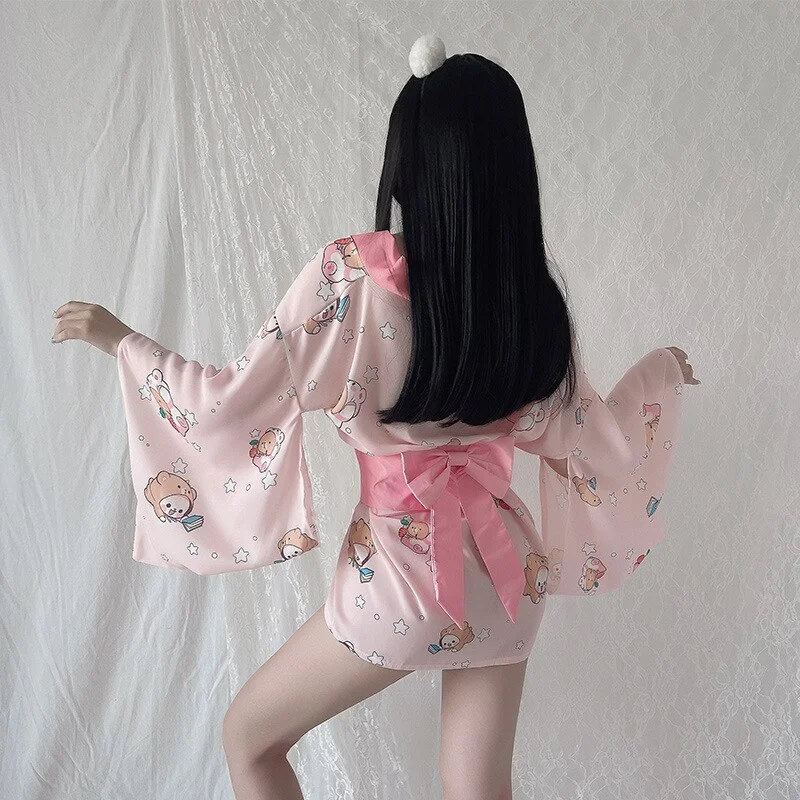 Billionm Japanese Kimono Dress for Women Cardigan Sexy Lingerie Lovely Loose Printed Deep V Temptation Uniform Cosplay Costume