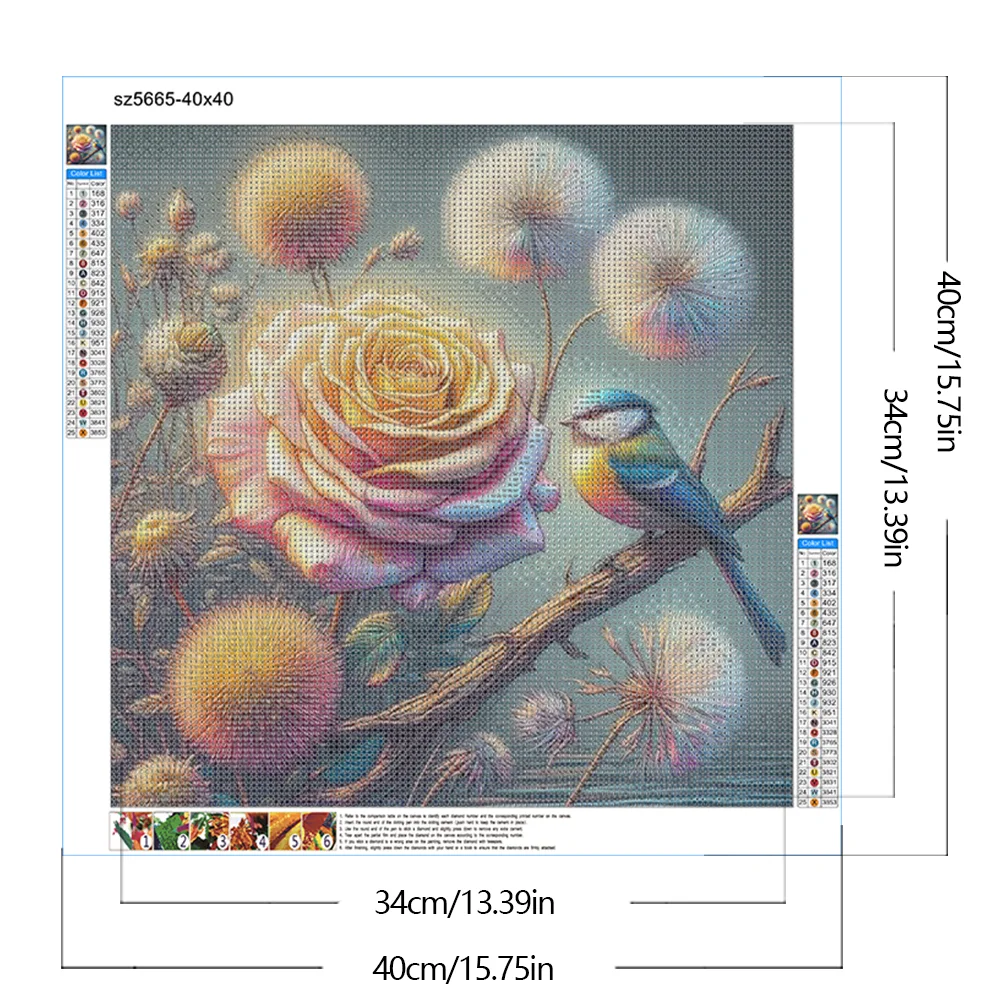 Diamond Painting - Full Round Drill - Rose Dandelion Bird(Canvas|40*40cm)