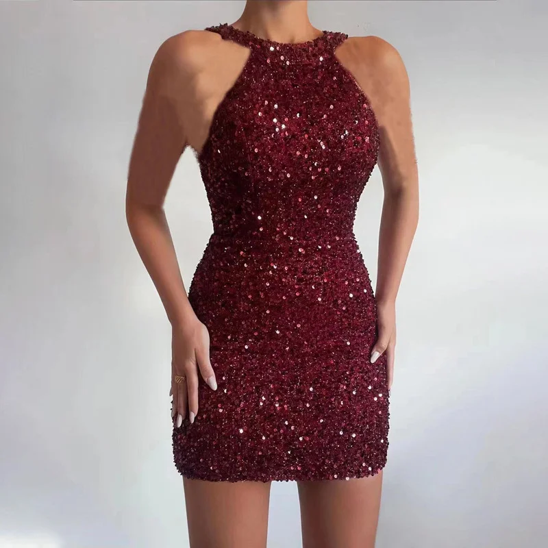 Uveng Uveng New Fashion Hanging Neck Sexy Crystal Tuxedo Supid Squin Dress Mid-Rise Evening Dress