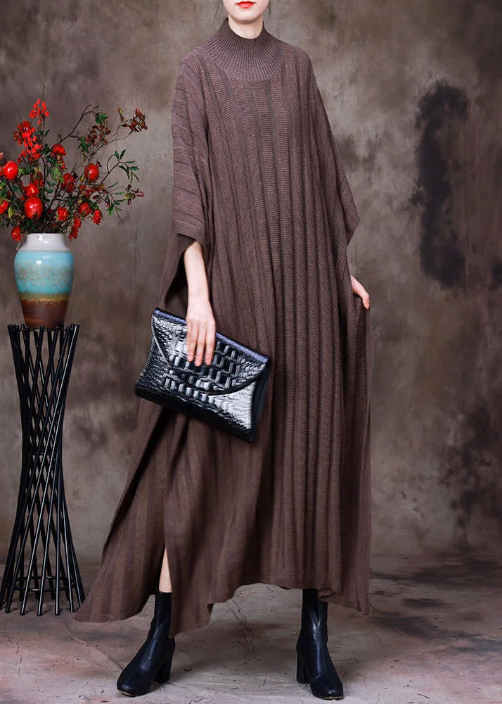 Classy Light Coffee Turtleneck Knit Maxi Sweaters Dress Long Sleeve