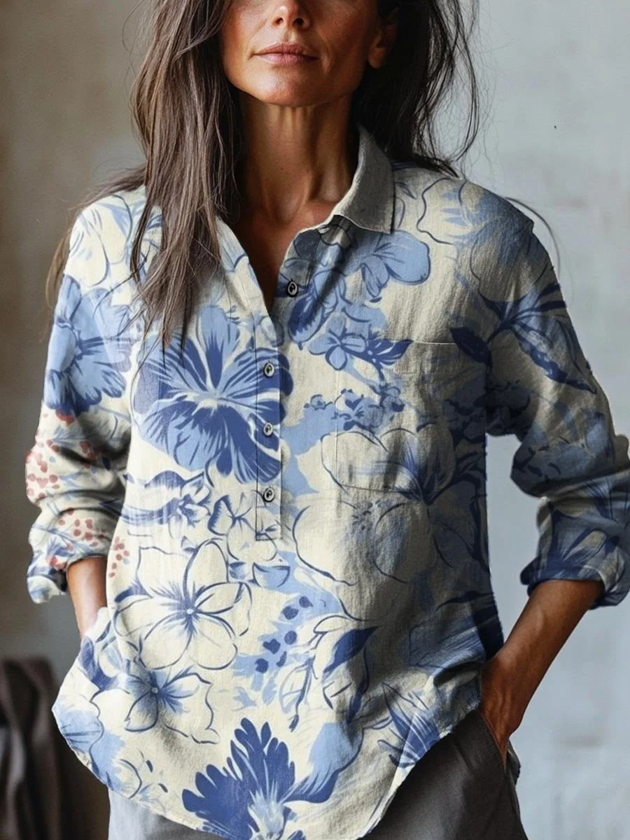 Women's Vintage Lovely Floral Art Print Casual Cotton And Linen Shirt