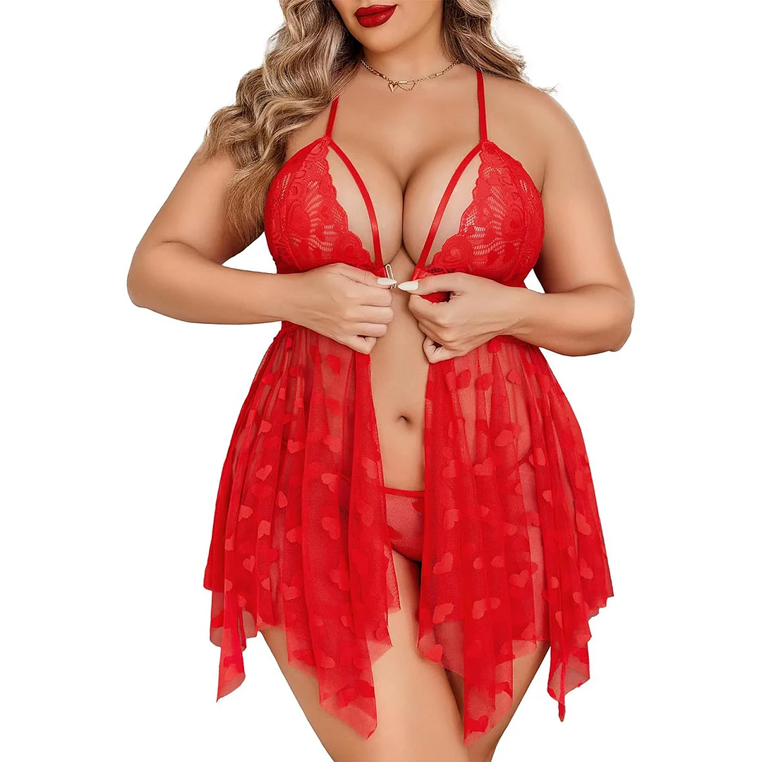 Plus Size Embroidered Bridal Lingerie Front Slit Lace Babydoll With Thong