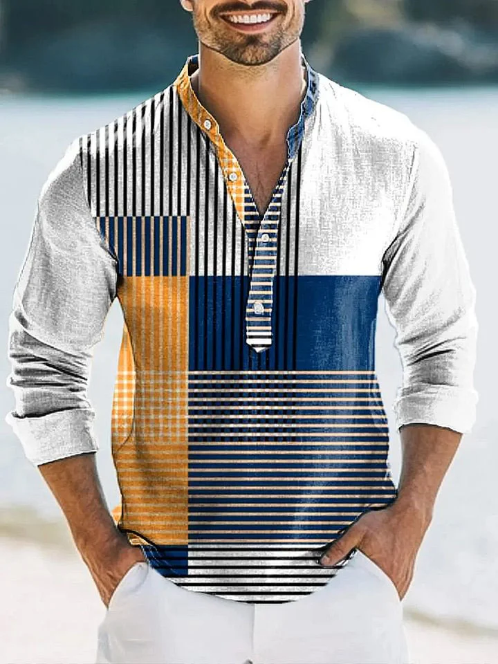 Men's Vintage Minimalist Striped Art Print Long Sleeve Henley Shirt
