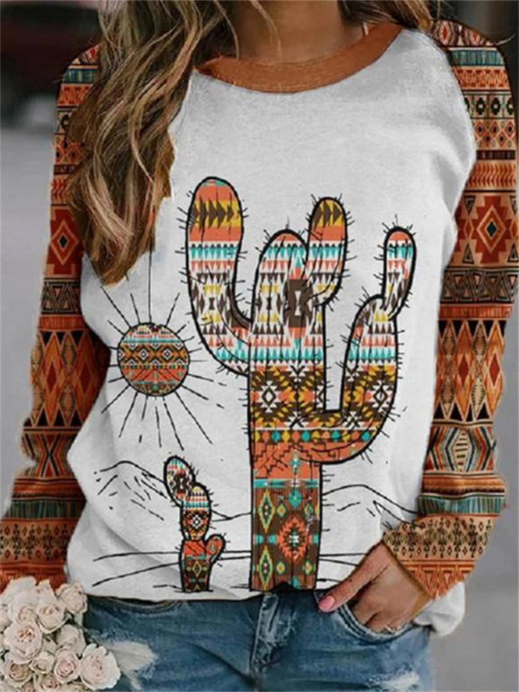  Western Ethnic Cactus Print Casual Sweatshirt Westsshops