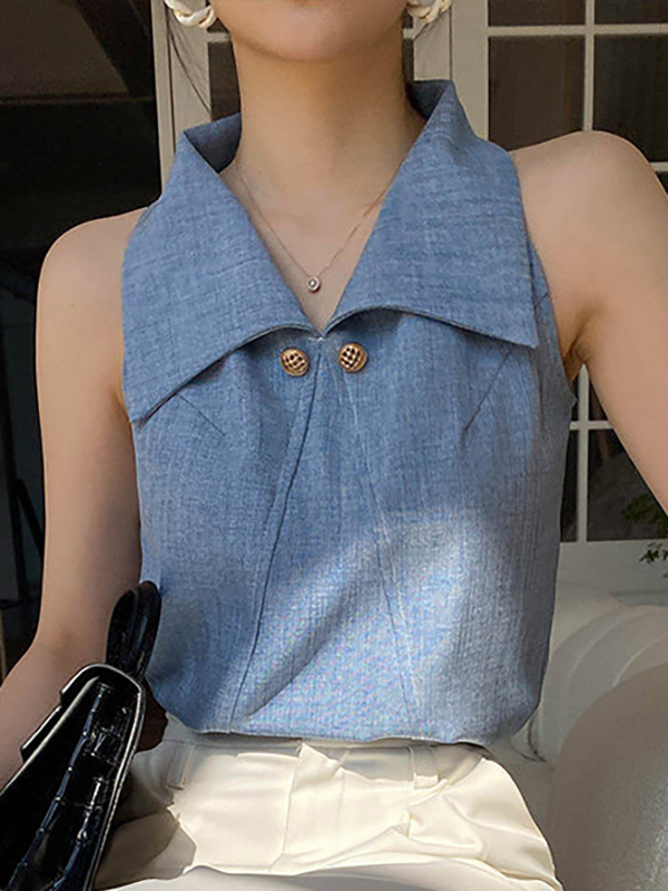 Loose Sleeveless Buttoned Split-Joint Lapel Tank Top
