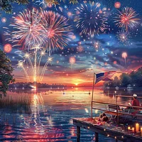 4th of July Fireworks Over Lake - Diamond Painting