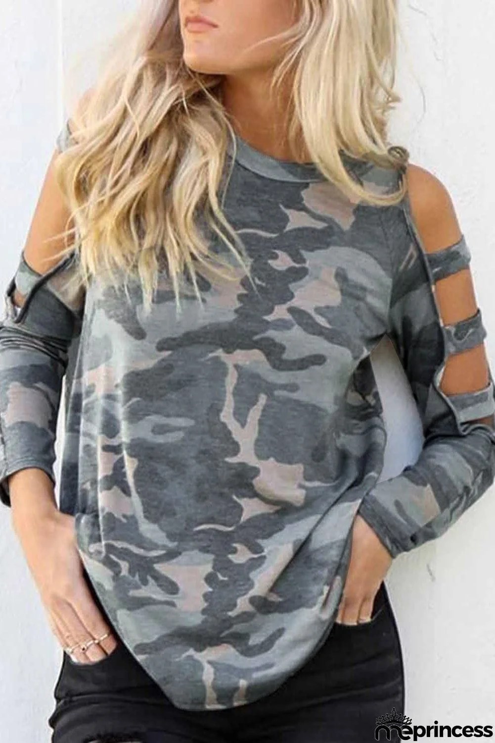 Camouflage Shoulder To Hollow Out Long Sleeve Top