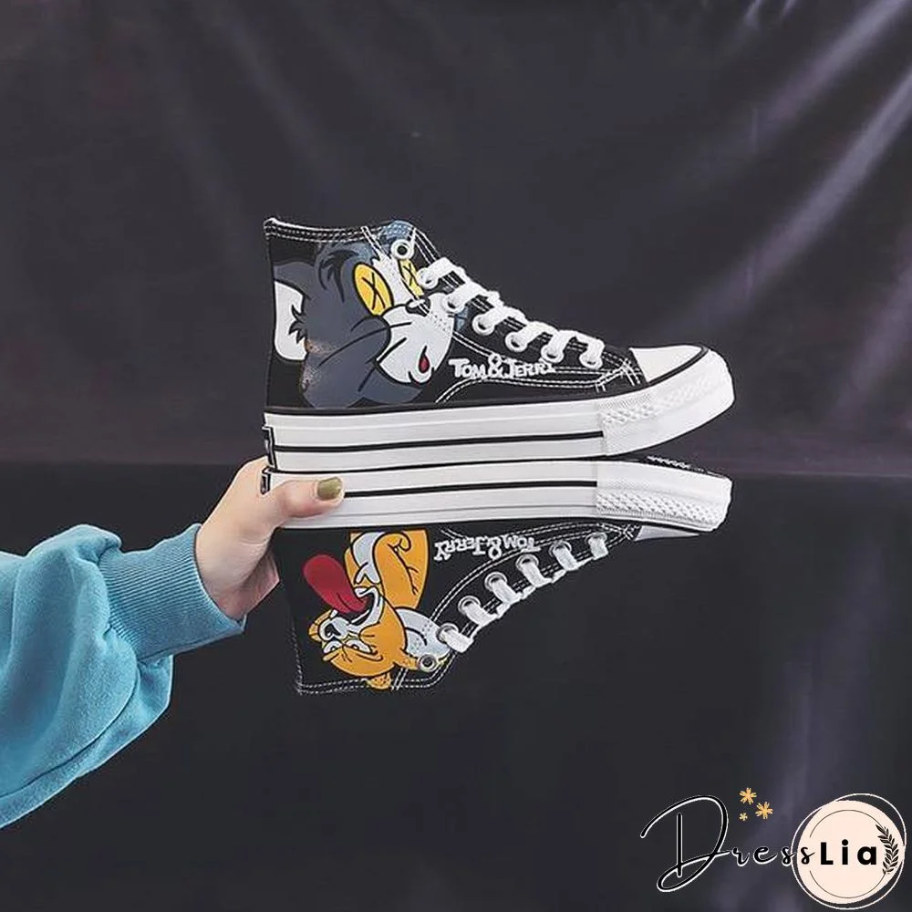 Women Anime Cartoon Print Patchwork Shoes Brand Lovely Girls Canvas Thick Heel Sneakers Designer High Top Espadrilles Flat