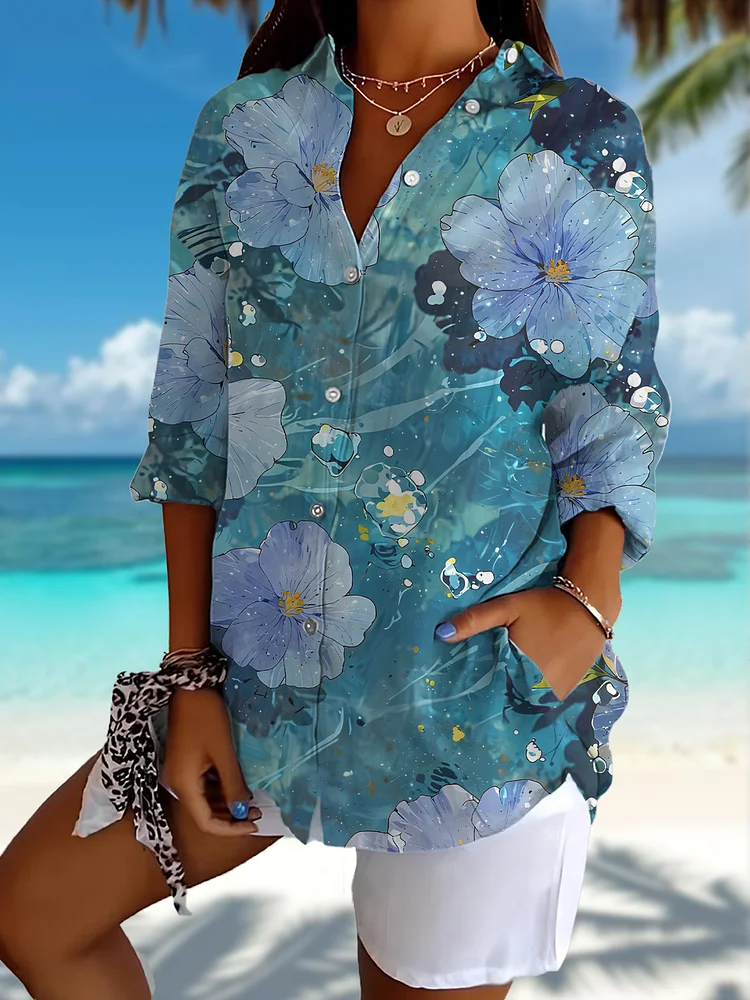 Women's Flowers Watercolor Holiday Printed Long Sleeve Shirt