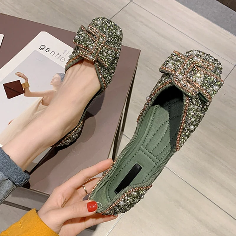 2020 Women Flat Shoes Fashion Bling Rhinestone Flat Ballet Bow-knot Slip On Ladies Lazy Loafers Casual Flat Shoes