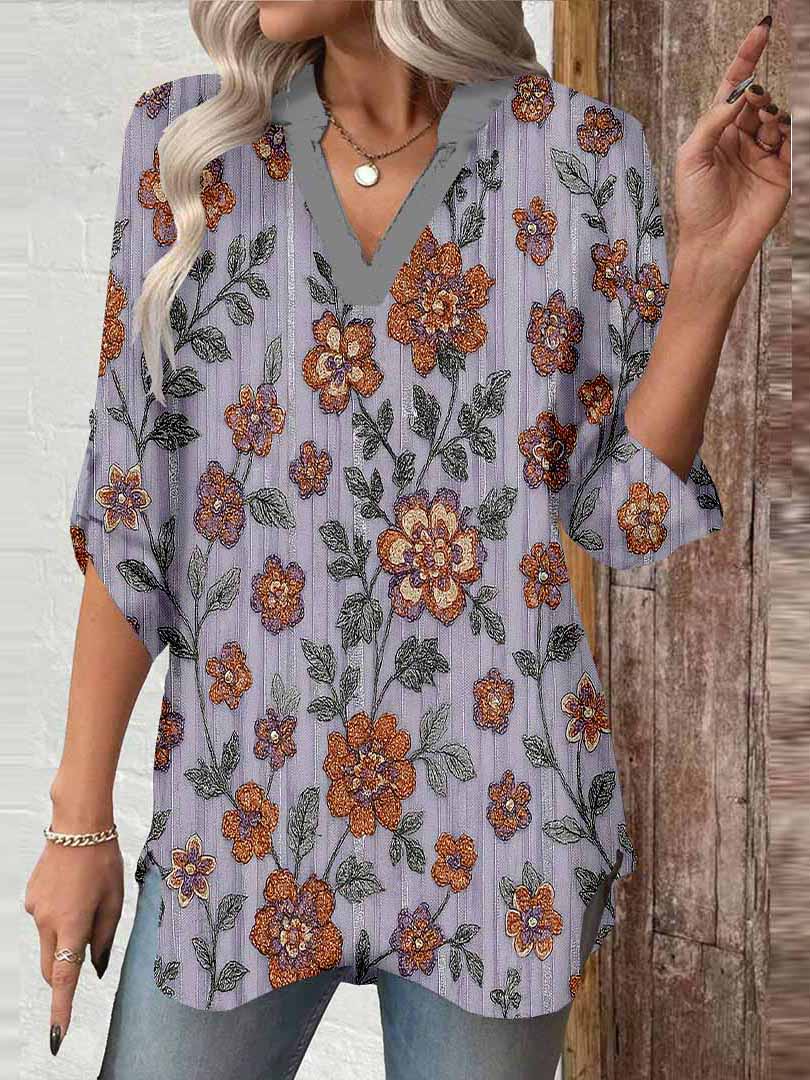 Women Floral, Purple, Orange DZGA0194 3/4 Sleeve V-neck Printed Graphic Button Tops