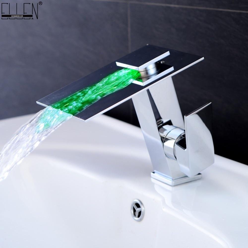 LED Bathroom Faucet Waterfall Basin Sink Mixer 3 Color Temperature Control Nickel Brush Finish Chrome Tap